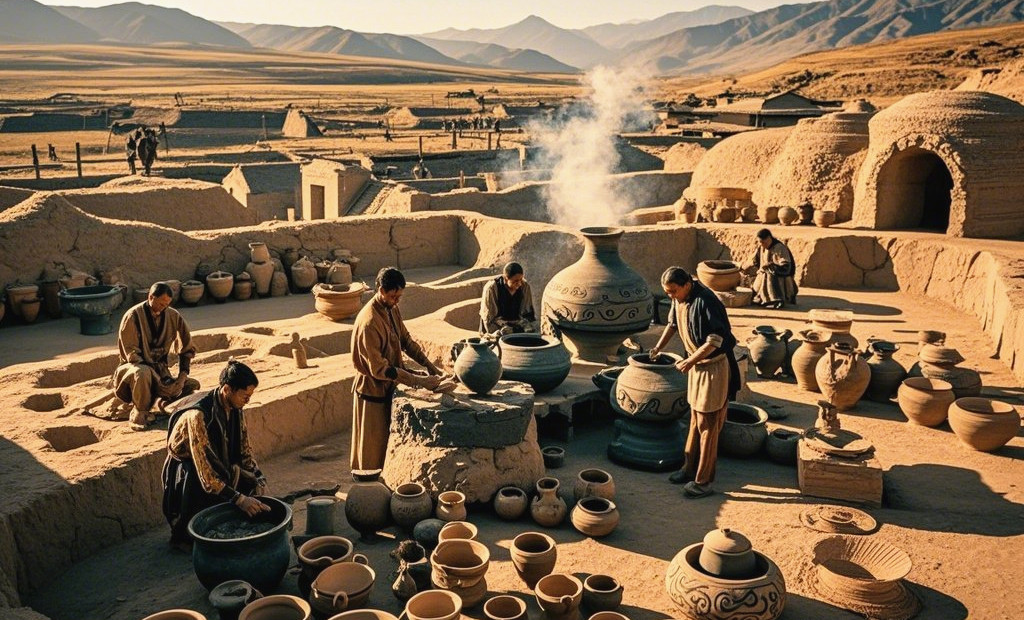 画面中,三千多年前山丹大地上,身着古朴服饰的四坝文化先民们正热火朝天地忙碌着。村落里,陶窑烟火袅袅,几个先民专注地制作彩陶,精心描绘着繁复的纹饰,青铜器冶炼处火星四溅,工匠们神情专注。陶窑、窖穴与祭祀..._副本.jpg