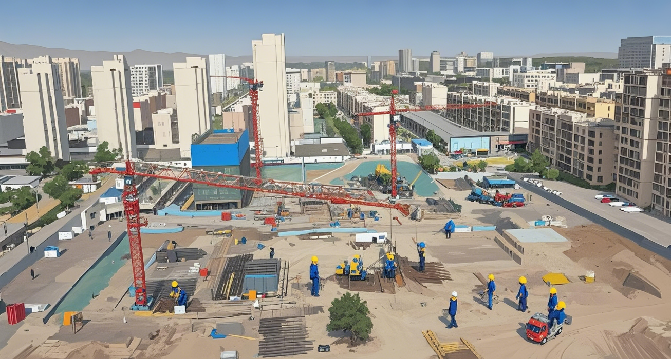 在阳光明媚的城市建设工地上,头戴安全帽、身穿统一工装的工人们正紧张有序地忙碌着。工人们站在脚手架上,手持工具,专注地砌着砖块,旁边的工人负责传递材料,配合默契。不远处,塔吊正缓缓吊起一捆钢筋,地面上的....png