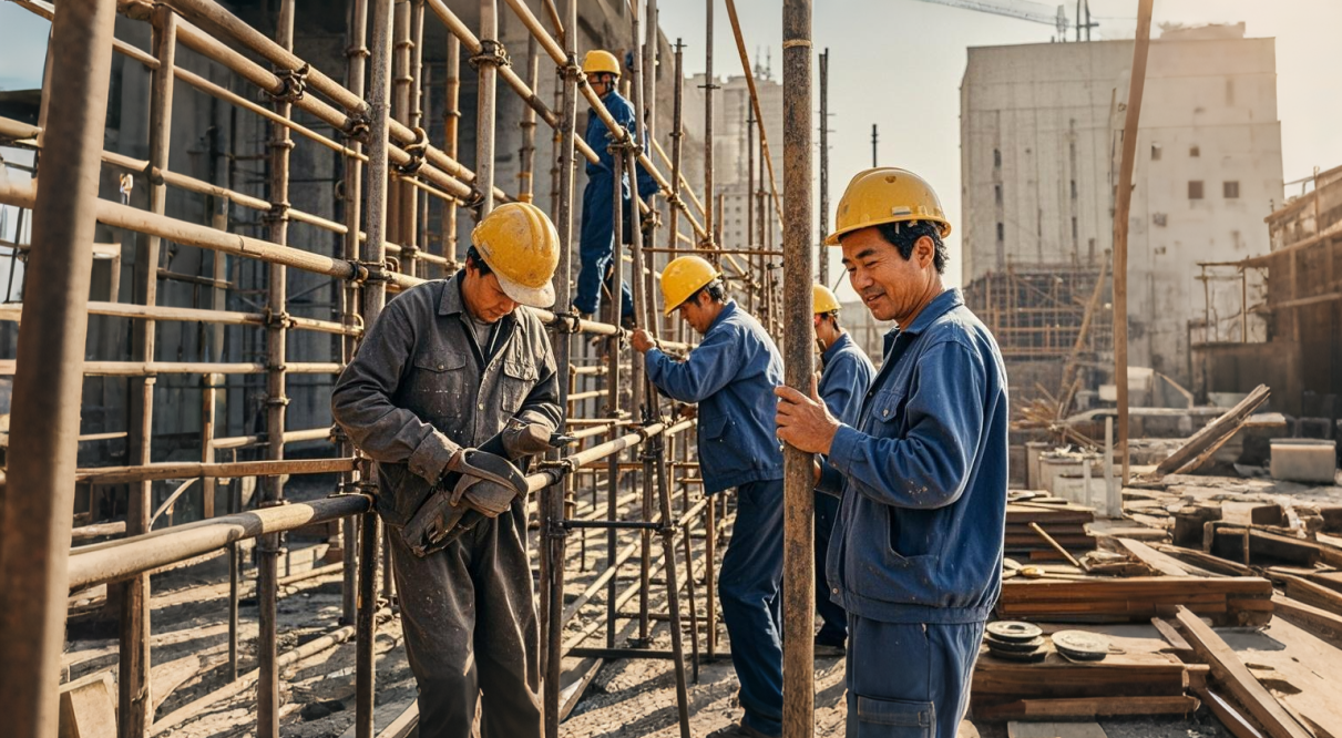 画面中。90年代的建筑工地上,烈日炎炎下,一群头戴安全帽、身穿破旧工装的山丹工人,身上系着安全绳,在高耸的脚手架上艰难攀爬,尽管汗水湿透了衣衫,他们的眼神却坚定而充满向往。工厂车间内,明亮的灯光下,山....png