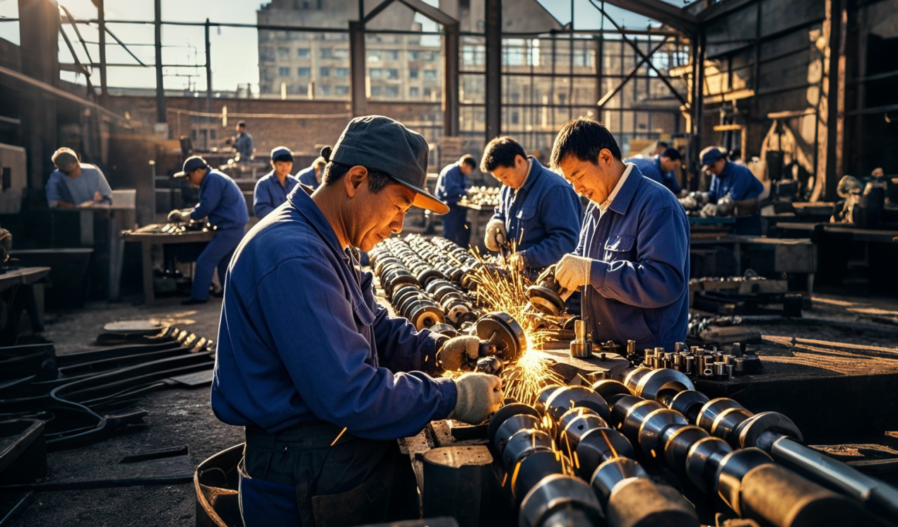 画面中。90年代的工厂车间内,明亮的灯光下,山丹工人们身着统一工作服,全神贯注地打磨零件。脸上满是认真与执着,零件在他们的打磨下闪烁着金属光泽,每一个动作都透露出精益求精的态度。背景中,建筑工地的楼房...(1).png